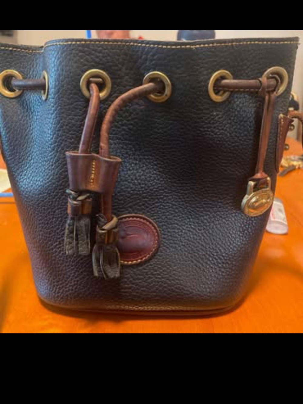 Dooney & Bourke Black Pebble Leather Drawstring Bucket Bag